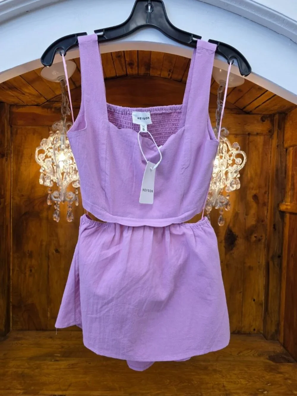 Heyson Light Mauve Cutout Crop Top | Scalloped Hem | 100% Cotton | Smocked Back - Picture 1 of 10